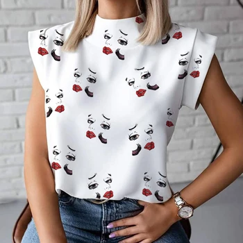 Femei Elegant Lanț de Imprimare bluza tricouri Noi de Vara Casual Sta Gât Pulovere topuri Doamna 2XL Moda drăguț Ochi Maneci Scurte Blusa