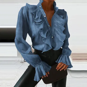 Femei Elegant Solid Zburli Bluza Tricou 2020 Toamna Flare Long Sleeve V-Neck Pulover Topuri Doamnă Birou Casual Butonul blusa