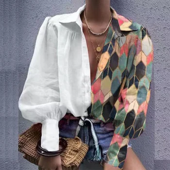 Femei Elegante Buzele Butonul De Imprimare Bluza Tricou Primăvară Guler De Turn-Down Mozaic Topuri Doamnă Birou Casual Felinar Maneca Lunga Blusa