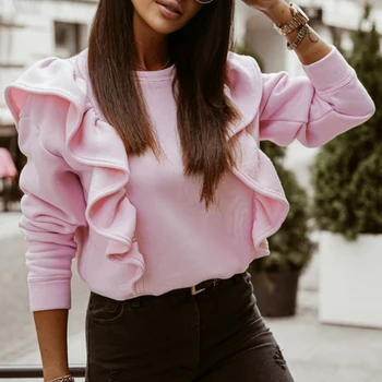 Femei Elegante, de Culoare Solidă Zburli bluza tricou 2020 Moda Toamna O Gât Pulover Topuri Doamnelor Nou Liber Casual cu Maneci Lungi Blusa