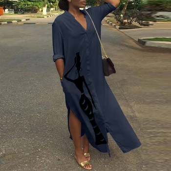 Femei elegante Imprimate Sundress ZANZEA 2021 Feminin V Gât Rochie Camasa cu Maneci Lungi Maxi Vestidos V Gât Casual, Halat Supradimensionate