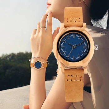 Femei elegante Moda Cadran Albastru din Lemn Ceas Piele Subțire Brățară de Bambus, Lemn de Cuarț Ceasuri Femei pe Încheietura mîinii Reloj Mujer 2020 NOU