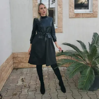 Femei Eșarfe Pu Piele Patchwork o Linie de Rochie cu Maneca Lunga Stand Guler de Iarnă Rochie de Moda de Epocă Munca de Birou Casual 2019