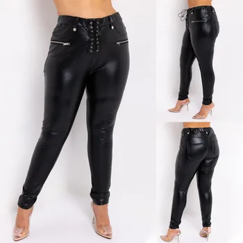 Femei Faux din Piele Pantaloni Plus Dimensiune 5XL Pantaloni Creion Negru Dantelă-Up Talie Mare Slim Skinny Streetwear Toamna Pantaloni Casual D25