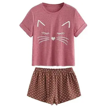 Femei Fete De Vară Mâneci Scurte Set De Pijama Drăguț Miau Pisica Pierde T-Shirt, Bluze Cu Buline Volane Pantaloni Scurți, Pijamale De Casă Body