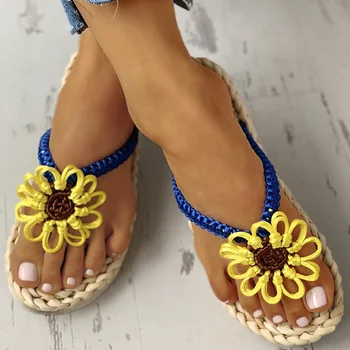 Femei Flip Flops, Papuci De Paie Țesute De Cânepă Handmade Flori Doamnelor Pantofi Smmer Diapozitive Plaja Casual Femei Sandale Plate 2020 Femeie