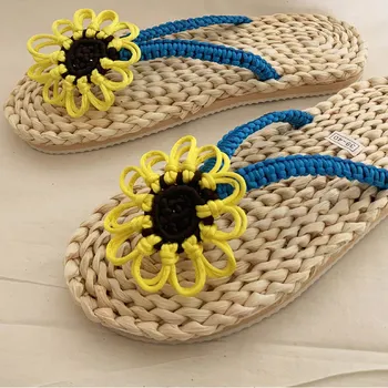 Femei Flip Flops, Papuci De Paie Țesute De Cânepă Handmade Flori Doamnelor Pantofi Smmer Diapozitive Plaja Casual Femei Sandale Plate 2020 Femeie