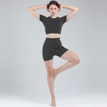 Femei Fără Sudură 2 Bucata Yoga Maneci Scurte Pantaloni Scurți De Înaltă Talie Sală De Gimnastică Set Pentru Femei Haine De Antrenament Costum De Sport De Fitness Îmbrăcăminte De Uzură Yoga
