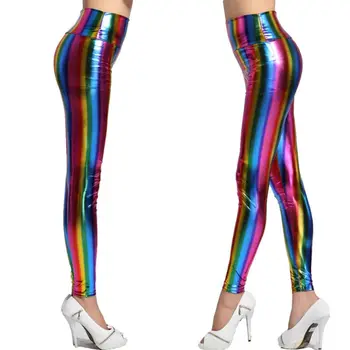 Femei Holograma Metalic Rainbow Sclipici Neon Dresuri Dungi Imprimate De Înaltă Talie Pantaloni Din Piele Faux Petrecere Clubwear