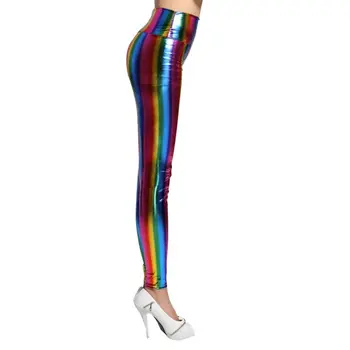 Femei Holograma Metalic Rainbow Sclipici Neon Dresuri Dungi Imprimate De Înaltă Talie Pantaloni Din Piele Faux Petrecere Clubwear