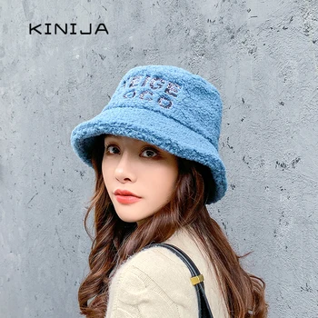 Femei iarna cald Miel pescar palarie toamna lână pălărie găleată coreean casual solid scrisoare de Pluș îngroșa capac în aer liber windproof