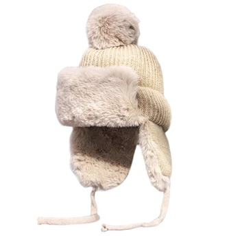 Femei Iarna Tricot Pom Pom Trapper Hat Gros Pufos De Pluș Termic Cald De Schi De Zăpadă Vânt Culoare Solidă Beanie Earflap Cap