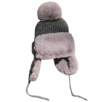 Femei Iarna Tricot Pom Pom Trapper Hat Gros Pufos De Pluș Termic Cald De Schi De Zăpadă Vânt Culoare Solidă Beanie Earflap Cap