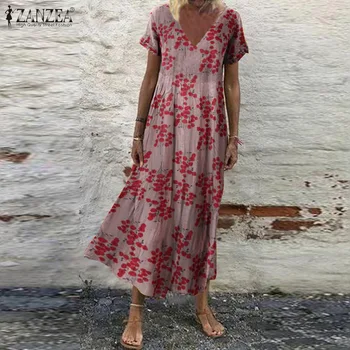 Femei Imprimate Sundress ZANZEA 2021 Floral de Moda Rochie de Vara Casual cu Maneci Scurte Maxi Vestidos de sex Feminin V Gât Halat Supradimensionate