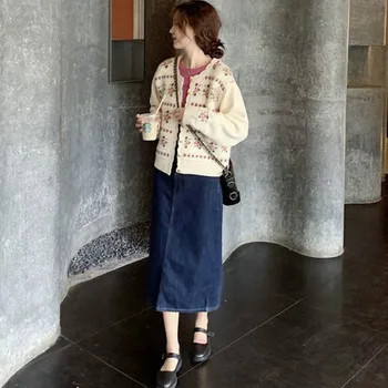 Femei Jachete Imprimate Toamna Butonul Maneca Lunga O-gât Drăguț Kawaii Stil Preppy coreean Vintage Chic Lady Pulovere Tricotate Ins