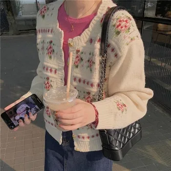 Femei Jachete Imprimate Toamna Butonul Maneca Lunga O-gât Drăguț Kawaii Stil Preppy coreean Vintage Chic Lady Pulovere Tricotate Ins