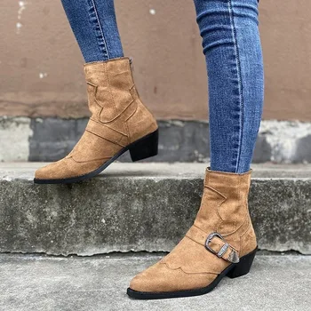 Femei la Jumătatea Vițel Cizme Scurte de Toamna 2020 Noua Moda Dantelă-Up Subliniat de la Picior Toc Pătrat Fermoare pentru Femei Pantofi de Mari Dimensiuni 35-43