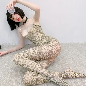 Femei Lenjerie Sexy Porno Deschis Picioare Tubulare Ciorapi Leopard de Imprimare Ciorap Lung bodysuit dresuri de moda pur Lenjerie erotica