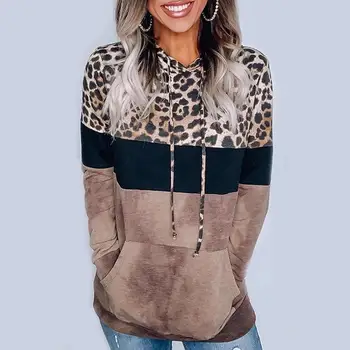 Femei Leopard Hanorace Femeie Printuri Cu Maneci Lungi De Culoare Bloc Buzunar Tricou Pulover Top Casual Bluza