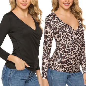 Femei Leopard Maneca Lunga Camasi Casual 2019 Toamnă De Primăvară De Gât Adânc V Print Slim Fit Partea Cutelor Topuri Tricou Tricou Camisas