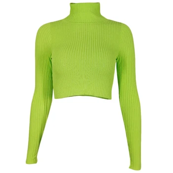 Femei Maneca Lunga Pulover Guler cu Nervuri Tricota Verde Neon Bodycon Crop Top M5TE