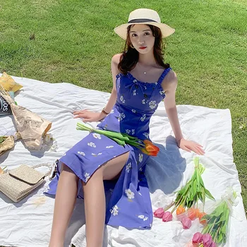 Femei Midi Floral Albastru Rochia De Vară 2020 Pista Elegant Coreean Petrecere Rochii Fara Spate Boho Tropical Beach, Vacanta, Sundress