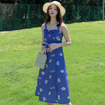 Femei Midi Floral Albastru Rochia De Vară 2020 Pista Elegant Coreean Petrecere Rochii Fara Spate Boho Tropical Beach, Vacanta, Sundress
