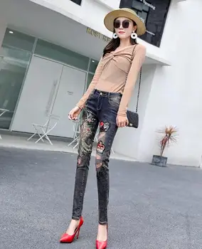 Femei Moda coreeană Păun broderie Slim Blugi Femei Sexy paiete paillette Blugi Plus Dimensiune Pantaloni de Creion TB636