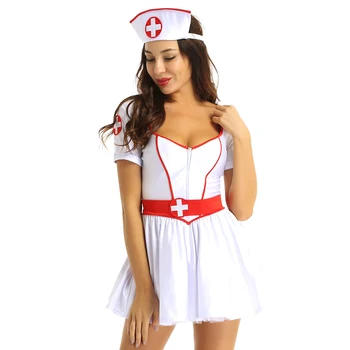 Femei Naughty Nurse Cosplay Costum Halloween, Costum de Petrecere Iubita Decolteu Mâneci Scurte Rochie Tutu cu Bentita si Centura