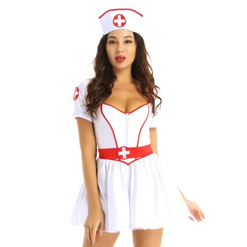 Femei Naughty Nurse Cosplay Costum Halloween, Costum de Petrecere Iubita Decolteu Mâneci Scurte Rochie Tutu cu Bentita si Centura