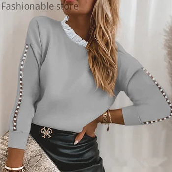 Femei Nou Stil Culoare Solidă Volane Cusut Margele Design cu mâneci Lungi Pulover
