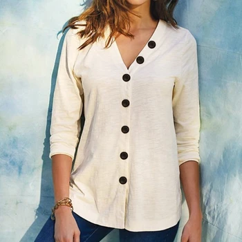 Femei Nou Stil Popular de Culoare Solidă Butonul V-neck Cămașă de Moda pentru Femei Bluze cu Maneca Lunga Bluza Tricou Casual Topuri Plus Dimensiune