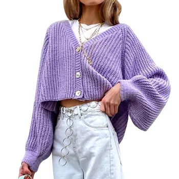 Femei palton Casual cu mâneci Lungi Moda Cardigan Vrac Culoare Solidă V-neck Single-breasted Coat topuri scurte Material tricotat