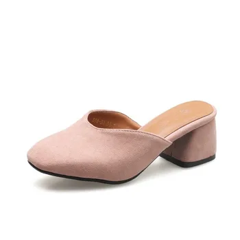 Femei Papuci de Vară de Primăvară Med Tocuri Pantofi Stol Deget de la picior Pătrat 2019 Noua Moda Sexy Afara Casual, Slide-uri de Sandale Negre, Roz