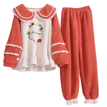 Femei Pijama Cald Iarna Polar Fleece Pijama Costum Harajuku Lolita Dulce Îmbrăcăminte De Noapte, Peter Pan Guler Mori Fata De Camasa De Noapte, Pijama