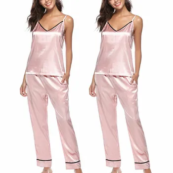 Femei Pijamale de Mătase Set de Pijamale Sling V-neck Top fără Mâneci Și Pantaloni Lungi Seturi