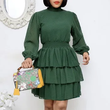 Femei Plisată Tort Rochii Cu Maneci Lungi Gât O Mini Talie Mare Office-Eleganta Doamnelor Uzura De Muncă Elegant Modest Din Africa De Moda Halat
