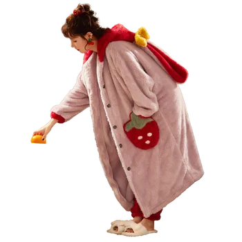 Femei Plus Dimensiune Sleepwear Mediu, Stil De Iarna Set De Pijama Largi Versiune A Păstra Cald Intensificarea Pijamale De Pluș Cămașă De Noapte Cu Gluga