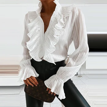 Femei Polka Dot V-neck Ruffle Șifon Bluza Tricouri de Vară 2020 Flare Maneca Lunga Butonul Topuri Elegante Office Lady Bluza Plisata