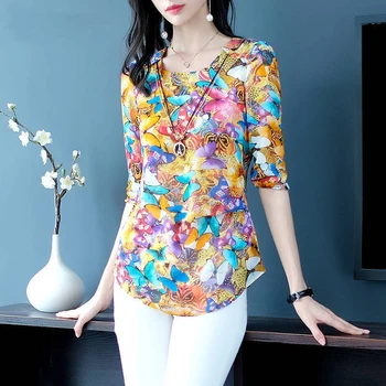 Femei Primavara-Vara Stil Bluze Tricou Femei O-neck Maneca Jumătate Tipărite coreea Temperament Slim Topuri DD8612