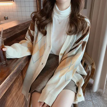 Femei Pulover Haina Toamna anului 2020 de Iarna Nou Stil coreean Diamant Carouri de Culoare de Potrivire Pulover Vrac Maneca Lunga Pulover 163A