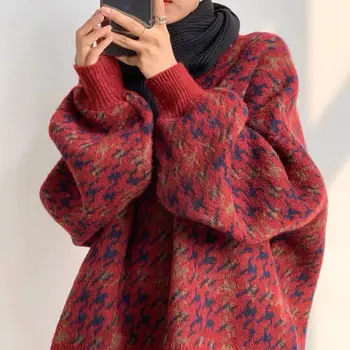 Femei Pulover Mozaic Liber Lantern Maneca Simplu Pulover tricotat Feminin Elegant All-meci la Modă Supradimensionat Streetwear Haine