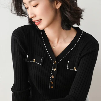 Femei pulover V neck pulover buzunar fals butonul bluze femei sacou cald topuri cu mâneci lungi femei pulovere tricotate