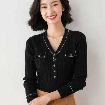 Femei pulover V neck pulover buzunar fals butonul bluze femei sacou cald topuri cu mâneci lungi femei pulovere tricotate