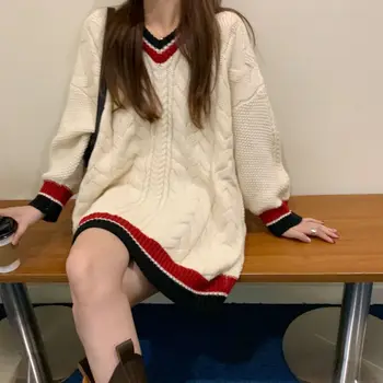 Femei Pulovere V-gât cu Dungi Loose Casual All-meci coreea de Facultate Stil de Moda Toamna Iarna Haine groase Ulzzang Pulovere
