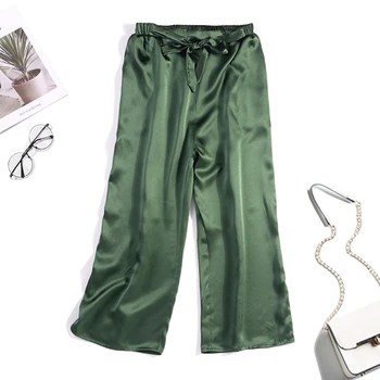 Femei Pur Satin de Matase Verde cu Centură Talie Largi Picior Pantaloni Trunchiate Pantaloni JN440