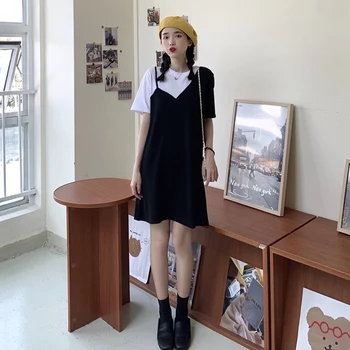 Femei rochie coreea Chic Fals Două piese Elegante Vara Femme Rochii la Modă Negru de Agrement Moale cu Maneci Scurte pentru Femei Haine Noi