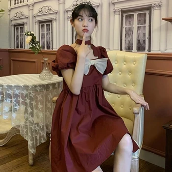 Femei rochie de Design Arc Manșon de Puf Visiniu Retro Japoneze Kawaii Plus Size 2XL Petrecere de Moda Rochii Midi de Vara de sex Feminin Elegant