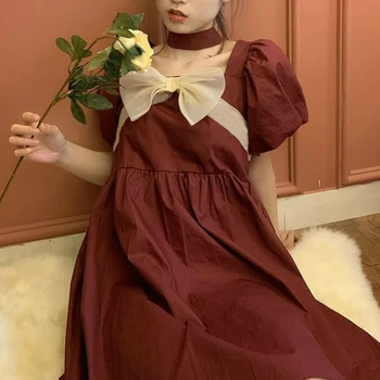 Femei rochie de Design Arc Manșon de Puf Visiniu Retro Japoneze Kawaii Plus Size 2XL Petrecere de Moda Rochii Midi de Vara de sex Feminin Elegant