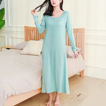 Femei Rochii de Built-in Sutien Căptușit Elastic Modal Maxi Rochie Lungă, de la Jumătatea Vițel Maneca Lunga Sexy Casual coreean SA1012